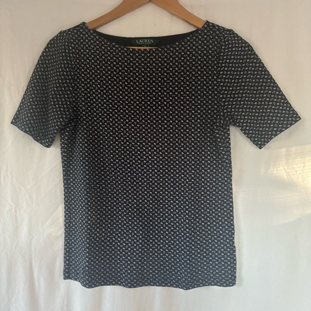 Ralph Lauren | Black White Geometric Print Boatneck Short Sleeve Top | Size M |